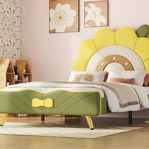 Twin Size Upholstered Platform Bed with Sunflower Shaped Headboard, Green