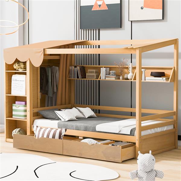 Twin size House Bed with Two Drawers and Wardrobe,Natural