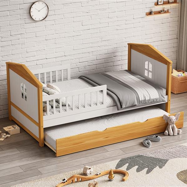 Twin Size House Shape Bed with Trundle Wooden Bed for Girls Boys Teens, No Box Spring Needed, Walnut and White