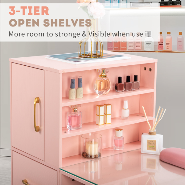  pink relief particle board tempered glass 141*50*112cm three doors and two drawers fanless nail table