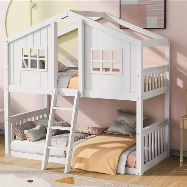 Twin Over Twin House Bunk Bed With Ladder, Wood Bed-White