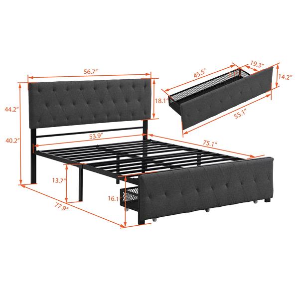 Full Size Storage Bed Metal Platform Bed with a Big Drawer - Gray