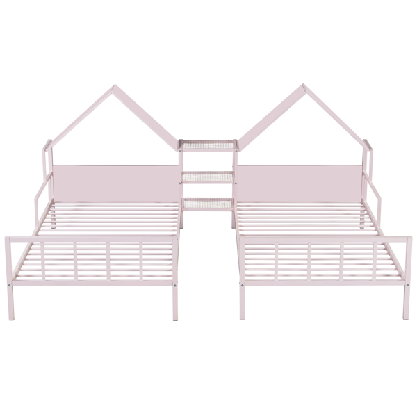 Metal Double Twin Size Platform Bed with House-shaped Headboard and a Built-in Nightstand, Pink