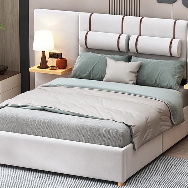 Full Size Upholstered Platform Bed, Two Outlets and USB Charging Ports on Both Sides, Two Bedside Pillows, Storage Shelves, Beige