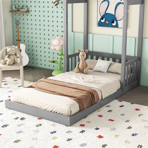 Twin House-shaped Roof Headboard Floor Bed,,(without slats),Grey