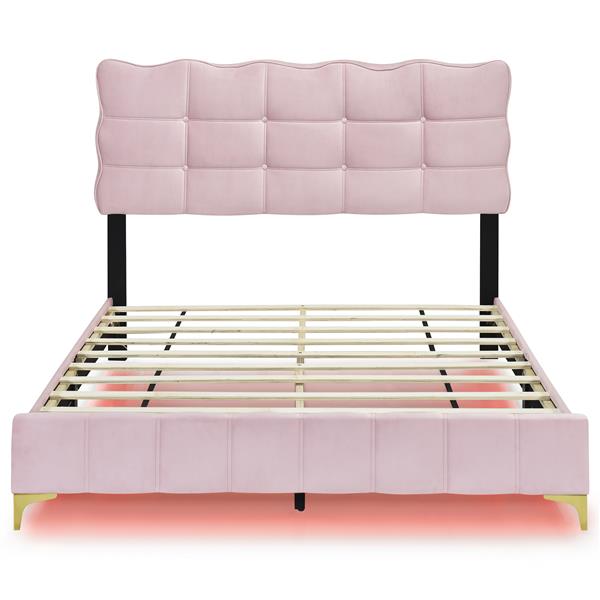 Queen Size Velvet Platform Bed with LED Frame and Stylish Mental Bed Legs, Pink