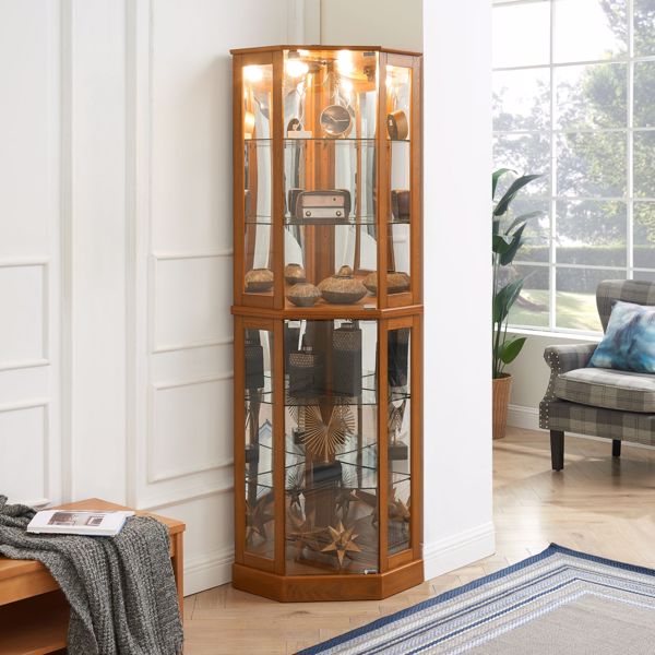 6 Shelf Corner Curio Display Cabinet with Lights, Mirrors and Adjustable Shelves, Oak(E26 light bulb not included) 