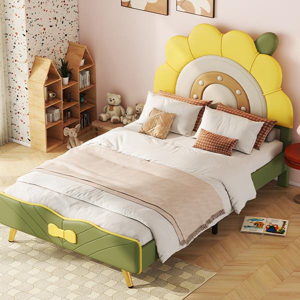 Twin Size Upholstered Platform Bed with Sunflower Shaped Headboard, Green