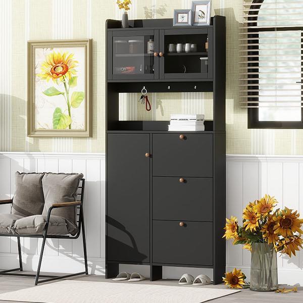 [VIDEO provided] Shoe Cabinet with Open Storage Space, Practical Hall Tree with 3 Flip Drawers, Multi-functional & Integrated Foyer Cabinet with Tempered Glass Doors for Hallway, Black