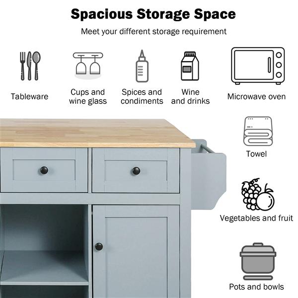 Kitchen Cart with Rubber wood Drop-Leaf Countertop ,Cabinet door internal storage racks,Kitchen Island on 5 Wheels with Storage Cabinet and 3 Drawers for Dinning Room, Grey Blue