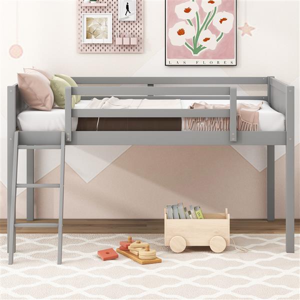 Twin Size Wood Loft Bed with Ladder, ladder can be placed on the left or right, Gray