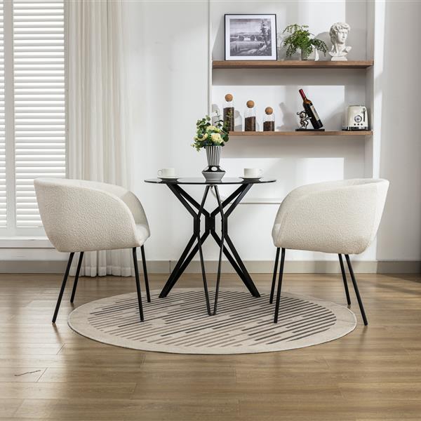 040-Set of 2 Boucle Fabric Dining Chairs With Black Metal Legs,Ivory