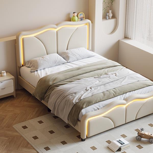 Full Size Upholstered Platform Bed with Curve Shaped and Height-adjustbale Headboard,LED Light Strips,White