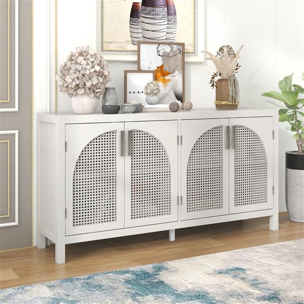 Large Storage Space Sideboard with Artificial Rattan Door and Metal Handles for Living Room and Entryway (White)