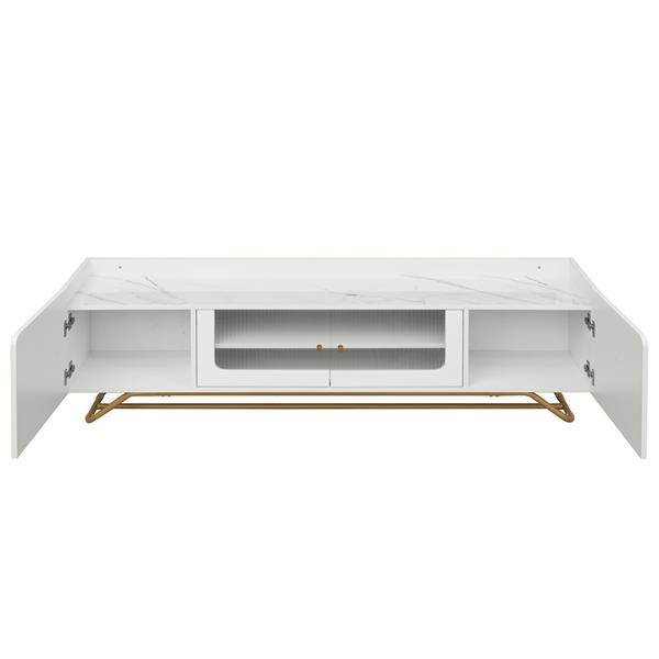 Sleek Design TV Stand with Fluted Glass, Contemporary Entertainment Center for TVs Up to 70", Faux Marble Top TV Console Table with Gold Frame Base, White