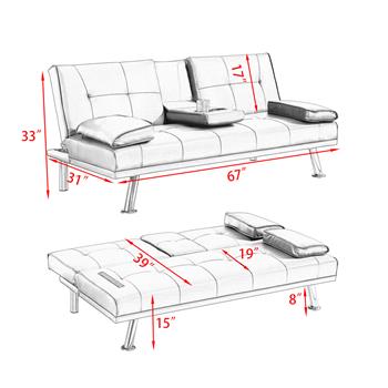 67\\" Orange Leather Multifunctional Double Folding Sofa Bed for Office with Coffee Table