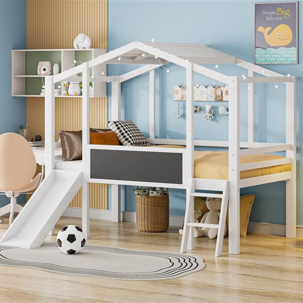 Twin Size Loft Bed with Ladder and Slide, House Bed with Blackboard and Light Strip on the Roof, White