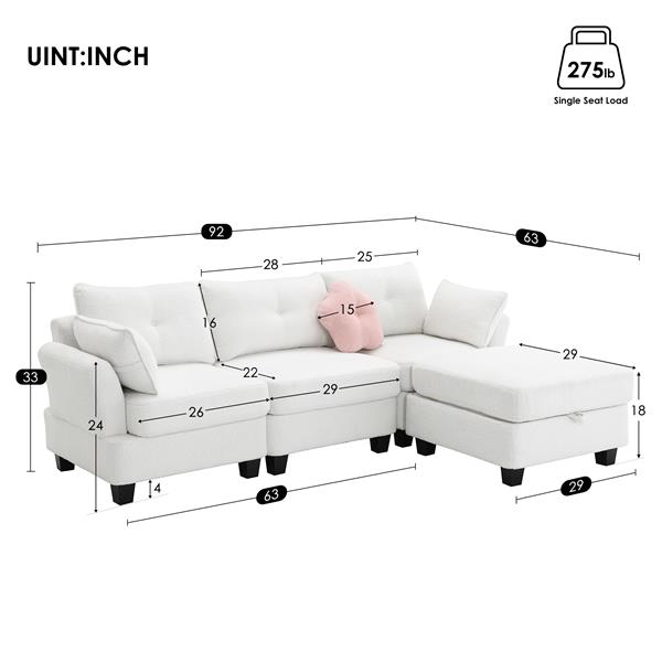 [VIDEO provided] [New] 92*63"Modern Teddy Velvet Sectional Sofa,Charging Ports on Each Side,L-shaped Couch with Storage Ottoman,4 seat Interior Furniture for Living Room, Apartment,3 Colors(3 pillows)