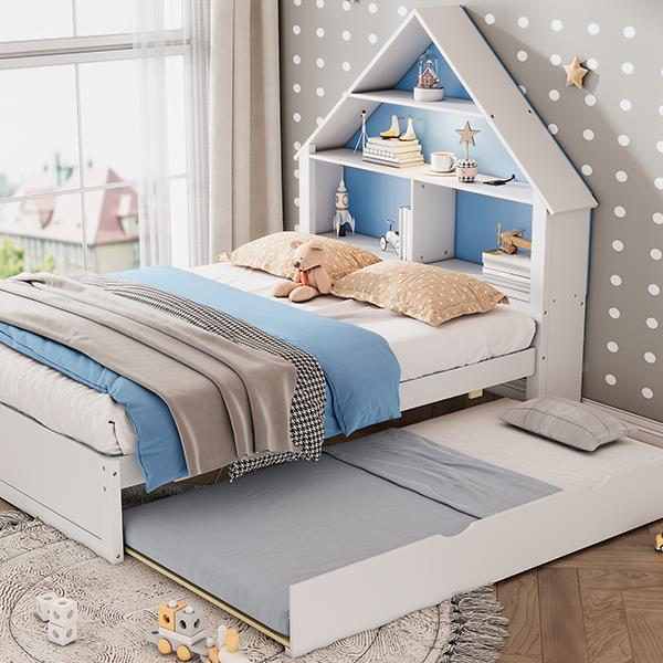 Twin Size House-Shaped Bed with Bookcase Headboard and Led Light and Twin Size Trundle for Kids Boys Girls, Blue+ White