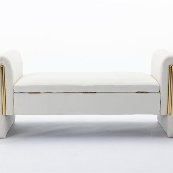 032-Velvet Fabric Storage Bench Bedroom Bench With Gold Metal Trim Strip For Living Room Bedroom Indoor,Ivory