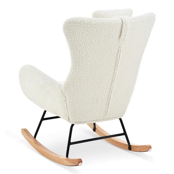 Rocking Chair Nursery, Teddy Upholstered Rocker Glider Chair with High Backrest, Adjustable Headrest & Pocket, Comfy Glider Chair for Nursery, Bedroom, Living Room, Offices, Rubber wood, white