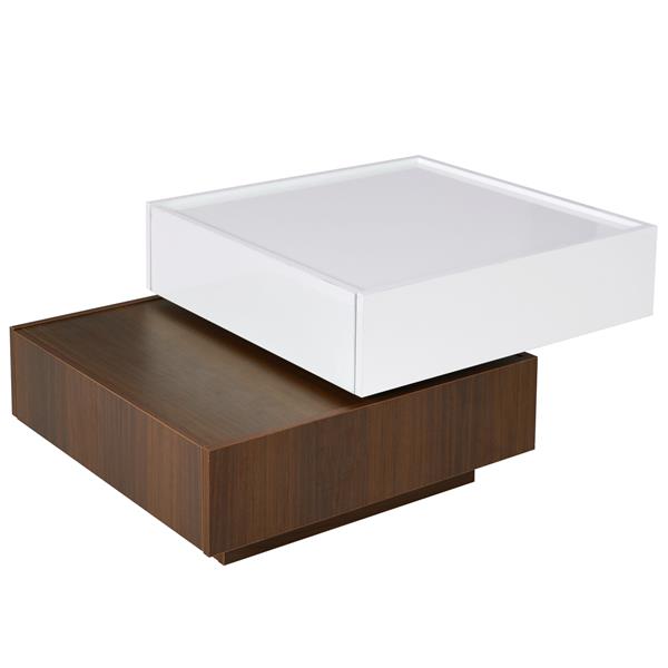 Multi-functional Square 360°Rotating Coffee Table with 2 Drawers, High Gloss 2-Tier Center Table with Swivel Tabletop and Storage, Walnut Table Frame Side Table for Living Room, White