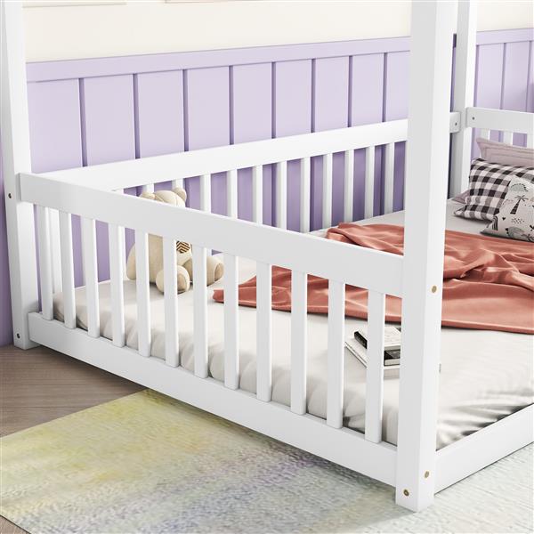 Full Size Canopy Frame Floor Bed with Fence, Guardrails,White