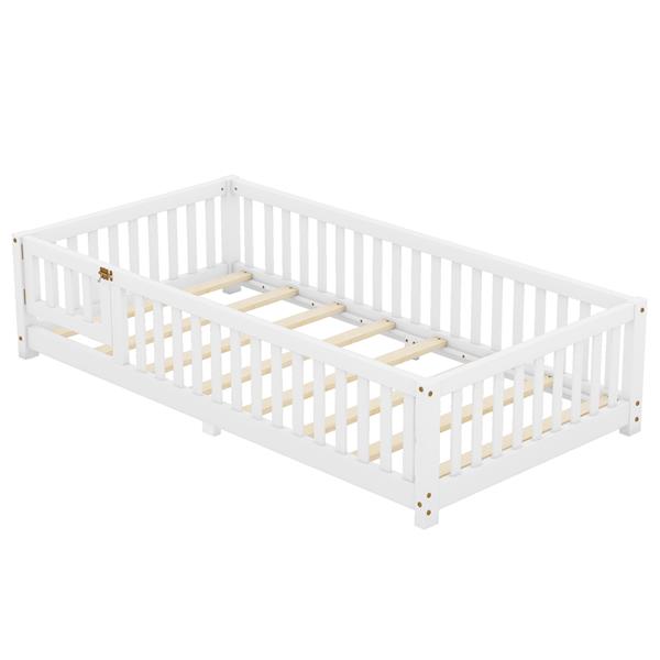 Twin Size Bed Floor Bed with Safety Guardrails and Door for Kids, White