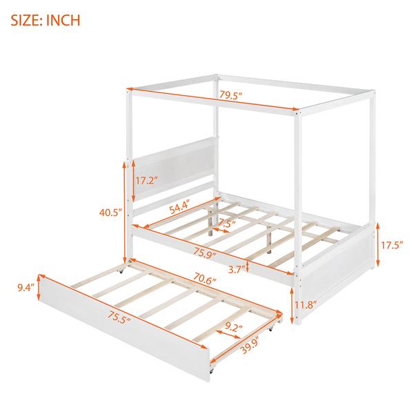 Wood Canopy Bed with Trundle Bed ,Full Size Canopy Platform bed With  Support Slats .No Box Spring Needed, Brushed White