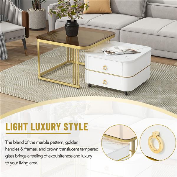 2-in-1 Square Nesting Coffee Table with Wheels & Drawers, Stackable Side Table with High Gloss Marble Grain Top, End Table Set with Brown Tempered Glass for Living Room, White