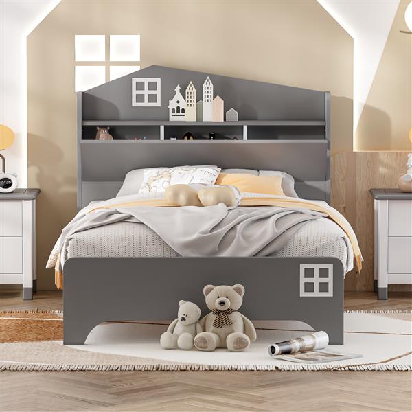 Wooden Twin Size House Bed with Storage Headboard ,Kids Bed with Storage Shelf,Grey