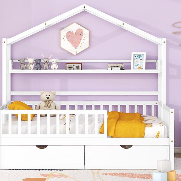 Wooden Full Size House Bed with 2 Drawers,Kids Bed with Storage Shelf, White