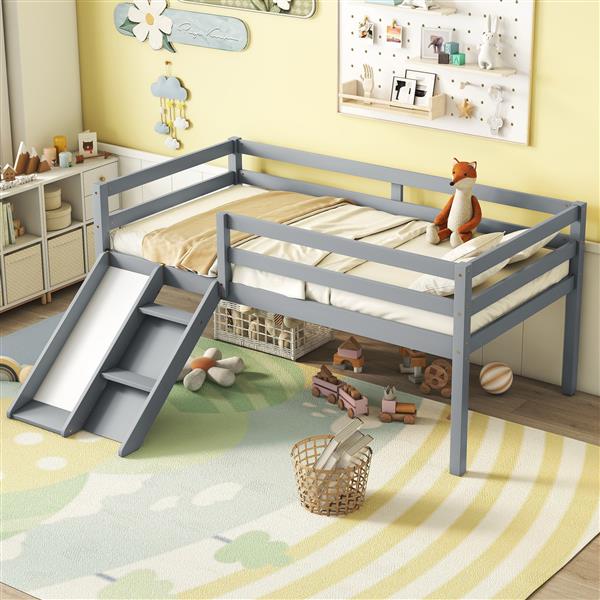 Twin Low Loft Bed with Slide,  Ladder, Safety Guardrails, No Box Spring Needed,Grey