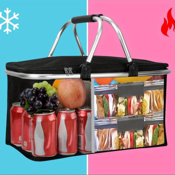 Large capacity insulated basket picnic bag picnic basket foldable shopping bag preservation bag lunch bag, Black(No shipments on weekends, banned from Amazon)