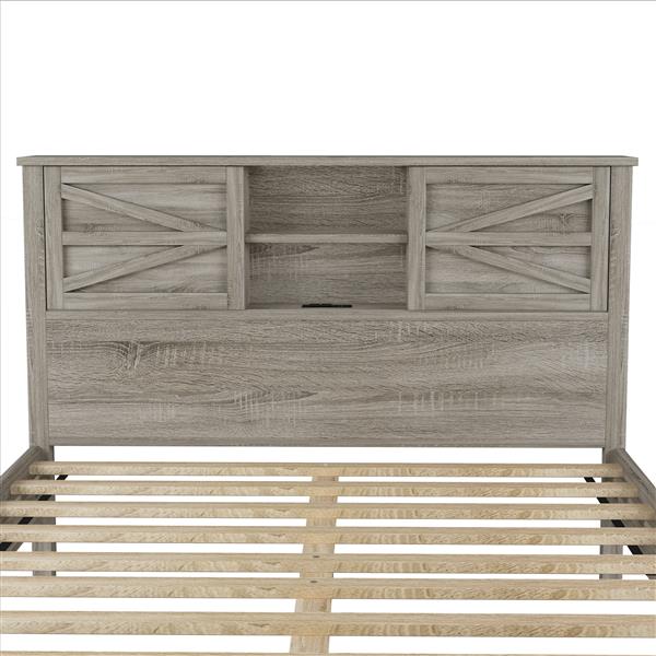 Farmhouse Platform Bed with Double Sliding Barn Door, Full Size Rustic Wood Bed with
Charging Station, Wood Slats Support, Antique Gray