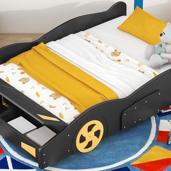 Full Size Race Car-Shaped Platform Bed with Wheels and Storage, Black+Yellow