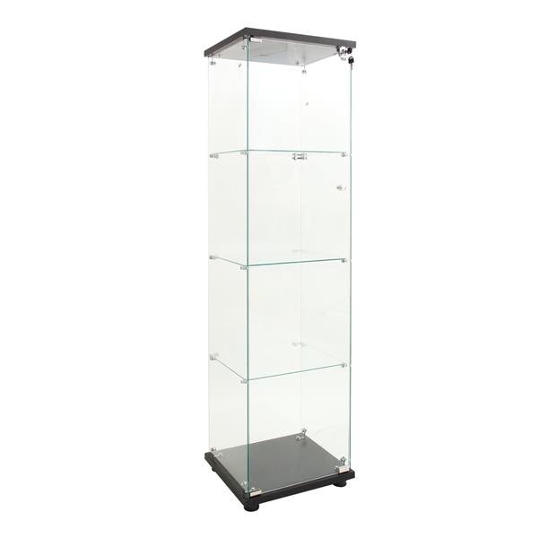 LED lights  Glass Display Cabinet 4 Shelves with Door, Floor Standing Curio Bookshelf for Living Room Bedroom Office, 64.7"*16.7"*14.3", Black