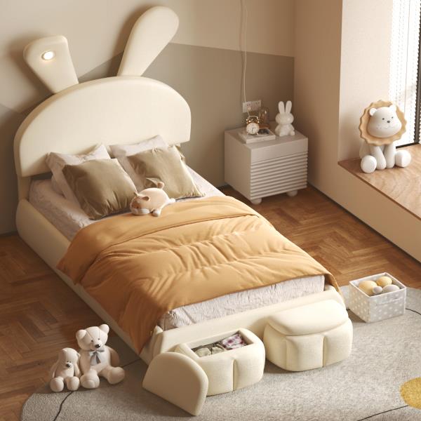 Twin Size Upholstered Platform Bed with Cartoon Ears Shaped Headboard and Light, Beige