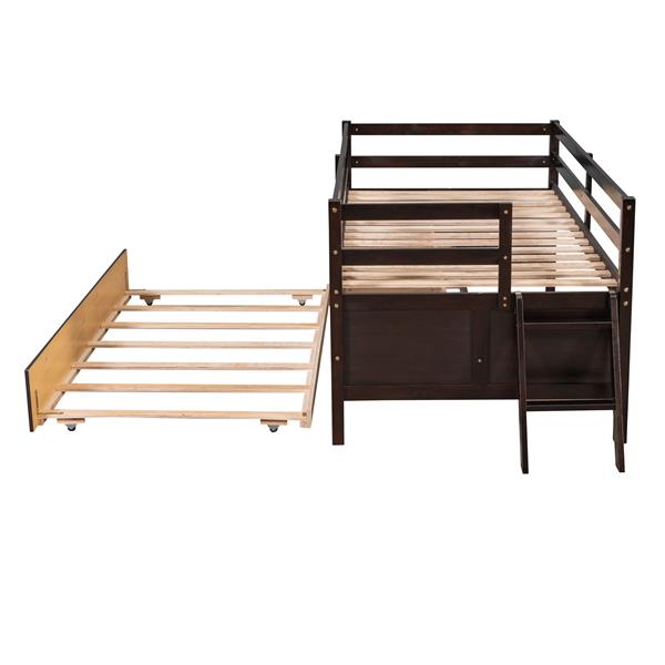 Low Loft Bed Twin Size with Full Safety Fence, Climbing ladder, Storage Drawers and Trundle Espresso Solid Wood Bed