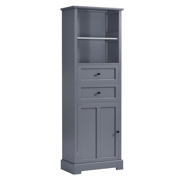 Bathroom Storage Cabinet, Tall Storage Cabinet with Two Drawers, Open Storage, Adjustable Shelf, Grey