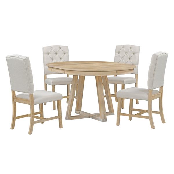 5-Piece Retro Functional Dining Set, Round Table with a 16"W Leaf and 4 Upholstered Chairs for Dining Room and Living Room (Natural)