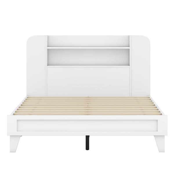 Full Size Platform Bed with Storage Headboard,Multiple Storage Shelves on Both Sides,White