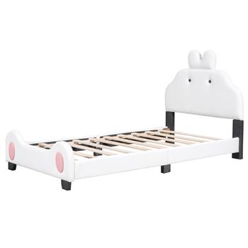 Twin Size Upholstered Platform Bed with Cartoon Headboard and Footboard, White+Pink