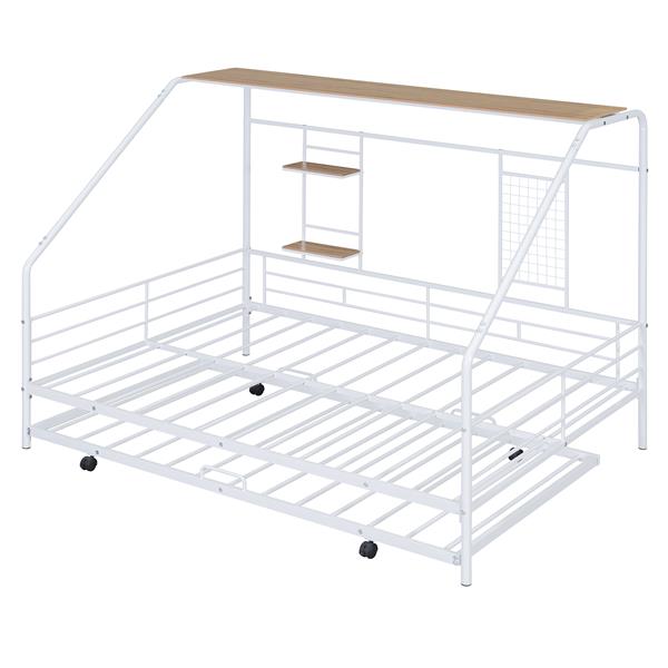 Full Size Metal House Bed with Trundle, White