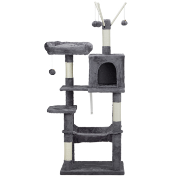 57 inch Cat Tree Cat Tower for Indoor Cats, Cat House with Padded Platform Bed, Toy Balls, Large Cozy Condo and Sisal Scratching Posts, Dark Grey