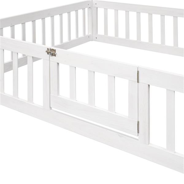 Full Size Wood House Bed with Fence and Door, White Wash