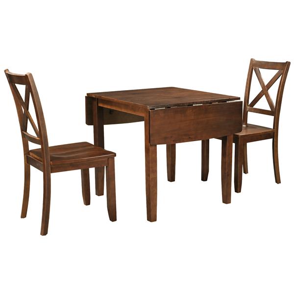 3-Piece Wood Drop Leaf Breakfast Nook Dining Table Set with 2 X-back Chairs for Small Places, Brown