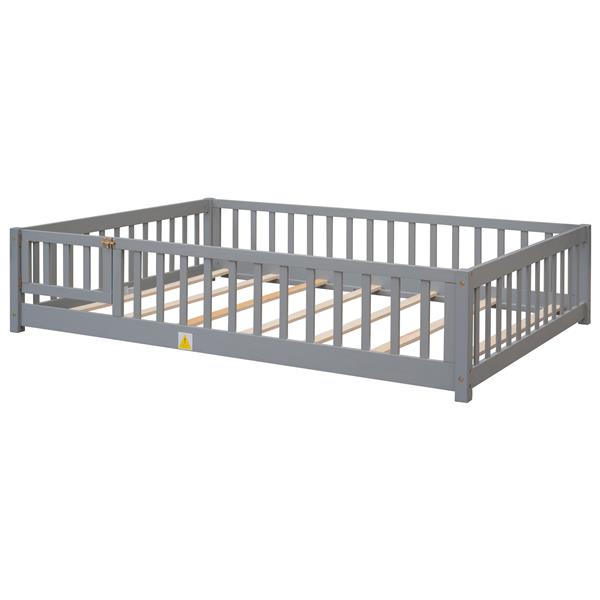 Full size Floor Platform Bed with Fence and Door,Grey