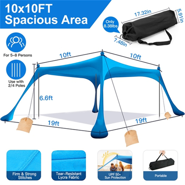 Beach Tent Canopy Pop Up Shade 10x10ft Sun Shelter Portable Family UPF50+ with 4 Sandbags-4 Aluminum Poles-4 x Ropes-Carrying Bag for Outdoor Camping Fishing Backyard Picnic（No shipments on weekends）