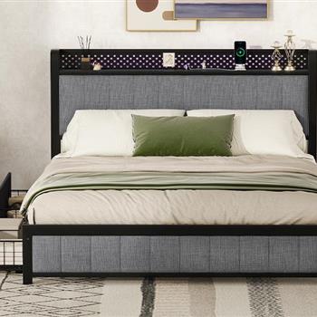 Queen Bed Frame with LED Headboard, Upholstered Bed with 4 Storage Drawers and USB Ports, Light Grey